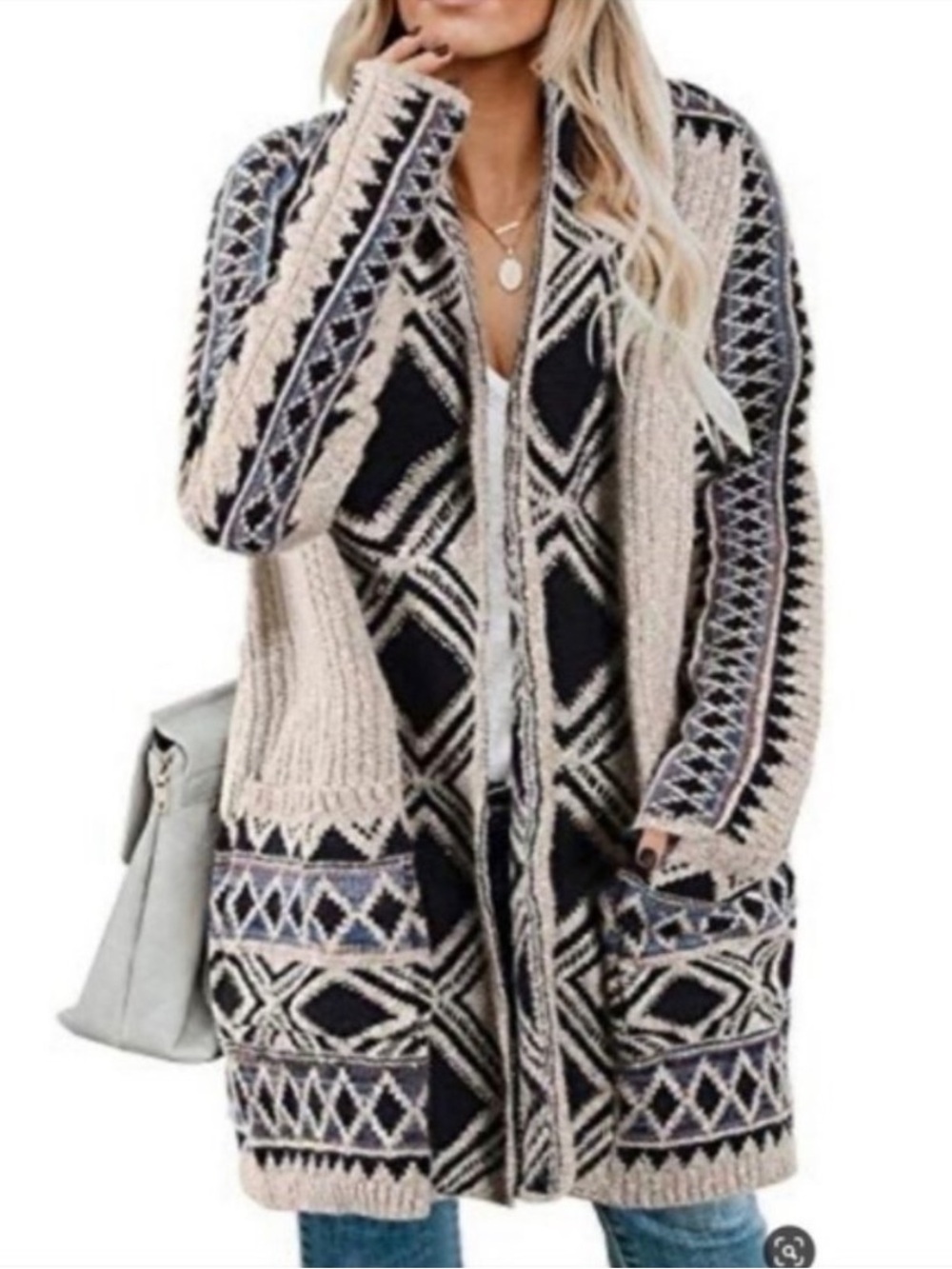 Lucky Brand Tribal Aztec Tan Navy Open Longline Cardigan Size Medium Sweater
